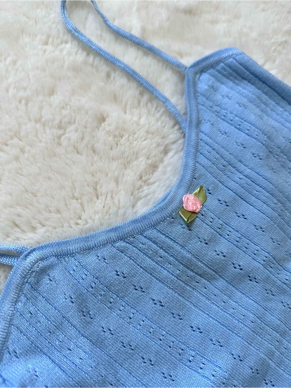 Pink Rose Light Blue Knit Pointelle Tank, Cardigan & Pants Set S - Picture 3 of 16